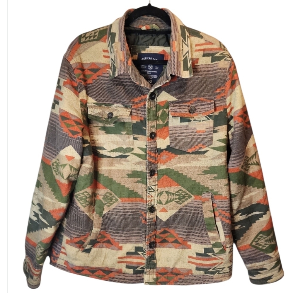American Eagle Mens Western Aztec Flannel Jacket Quilt Lined Shacket Large Retro